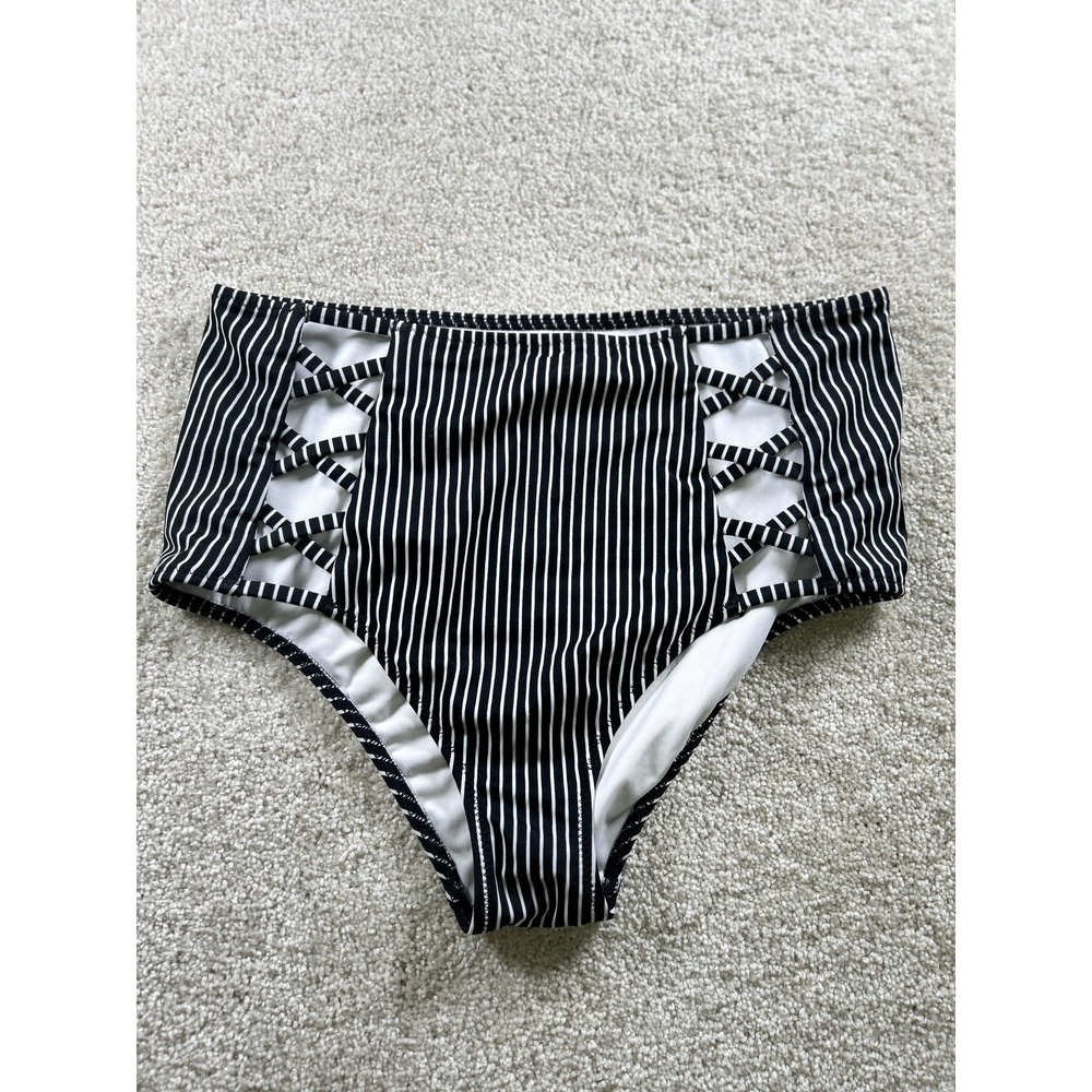 Shade & Shore‎ Bikini Bottom Womens Small Black White Striped High Waist Lattice